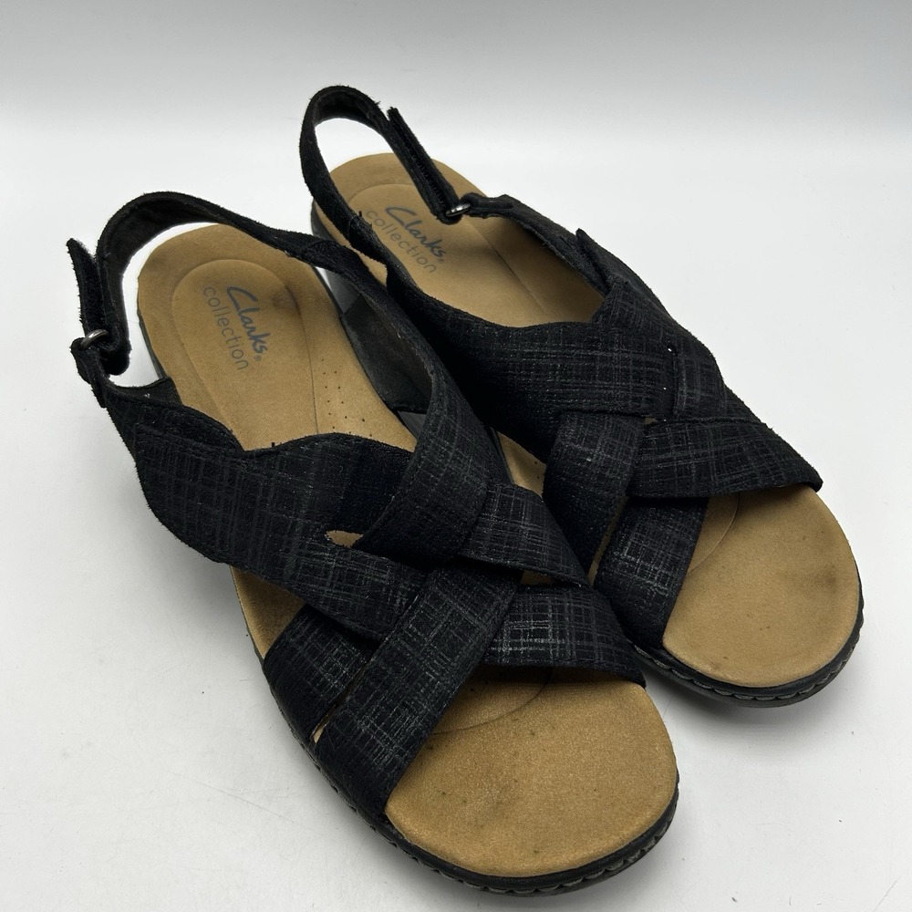 Clarks Collection Sandals Womens 9.5 Black Wide Strap Comfort Vacation Wedge 2in